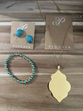 Plunder Gold Pendant Necklace with Turquoise Bead Bracelet and Earrings Set